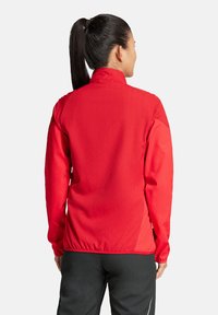 Rote Jacke mit hohem Kragen, langen Ärmeln und taillierter Passform. Glatter, leichter Stoff mit subtiler Struktur.