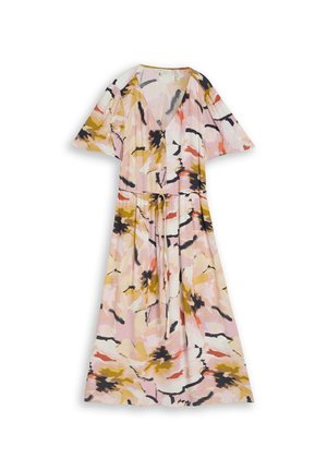 Vestido midi con mangas cortas acampanadas, escote en V, cinturón en la cintura y patrón floral abstracto en tonos rosa, mostaza, negro y blanco.