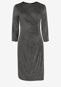 Robe noire pailletée, longueur genou, à manches longues et col rond. Présente des fronces sur les côtés pour la texture et la forme.