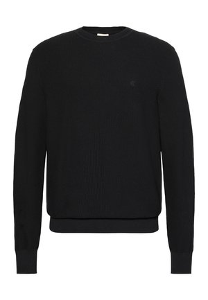 Schwarzer, gestrickter Pullover mit langen Ärmeln und Rundhalsausschnitt, mit gerippten Bündchen und Saum, versehen mit einem kleinen, dezenten Logo auf der linken Brust.