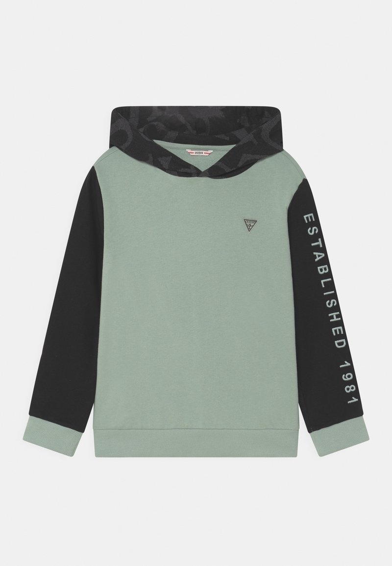 Sweat à capuche en coton vert clair avec manches noires. Présente un logo triangulaire et "ESTABLISHED 1981" imprimé en blanc sur la manche.