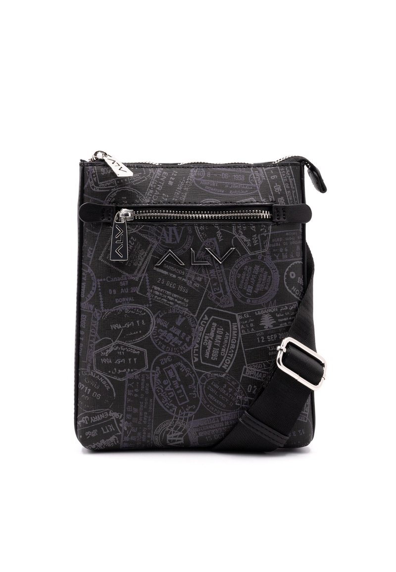 Borsa a tracolla nera con superficie texture caratterizzata da un motivo di vari timbri. Include una chiusura con zip e una tracolla regolabile.