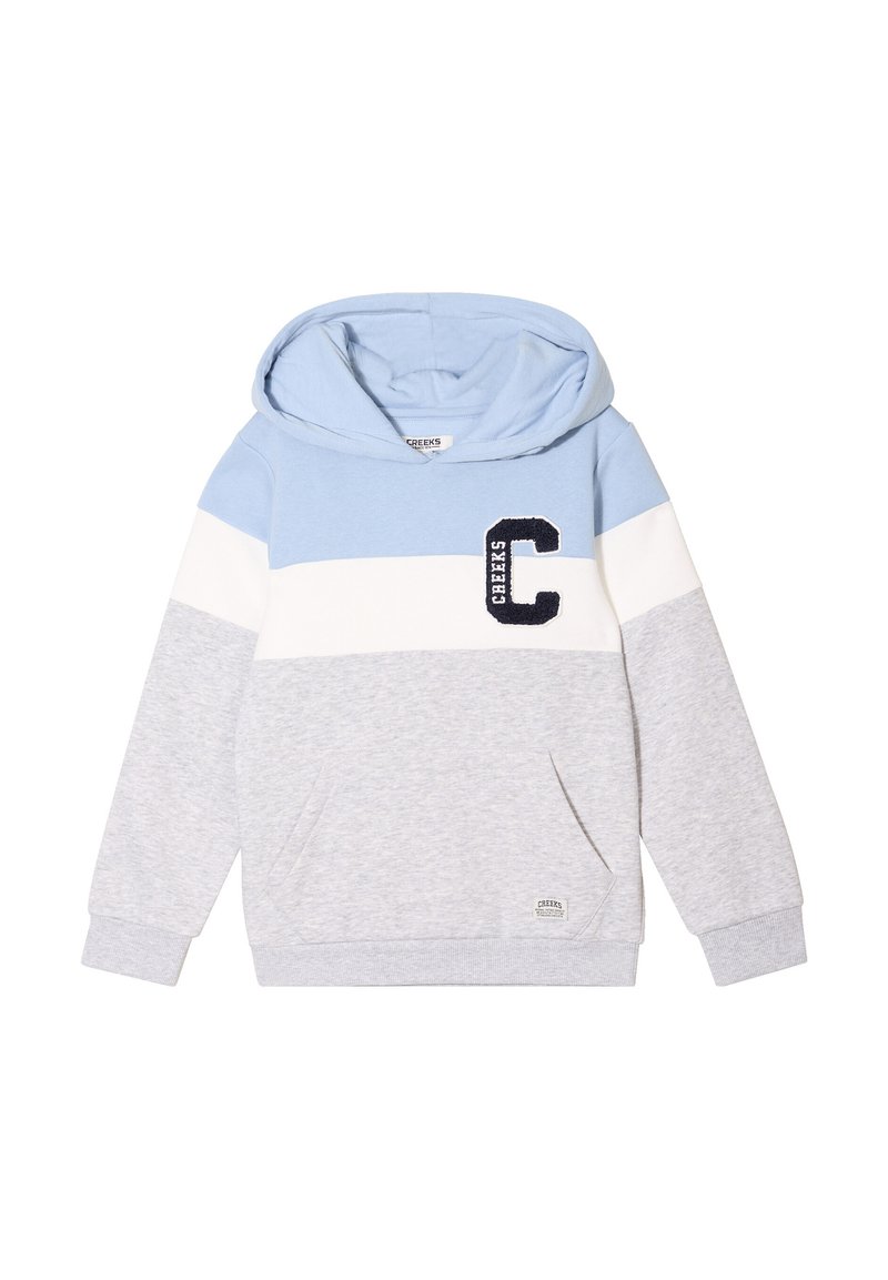 Felpa con cappuccio caratterizzata da una parte superiore blu con strisce bianche e grigie, una tasca frontale e un logo "C" applicato in blu navy.