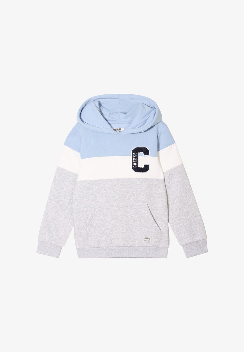 Felpa con cappuccio caratterizzata da una parte superiore blu con strisce bianche e grigie, una tasca frontale e un logo "C" applicato in blu navy.