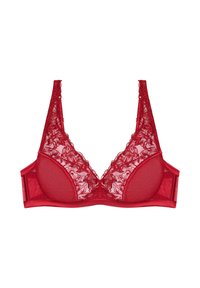 Czerwony stanik z koronką, z kwiatowymi wzorami, trójkątnymi miseczkami, przezroczystą siateczką i satynowymi akcentami. Regulowane ramiączka i zapięcie z tyłu dla lepszego dopasowania.