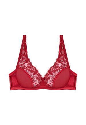 Red lace bra featuring floral patterns, triangular cups, sheer mesh, and satin accents. Adjustable straps and back closure for fit.