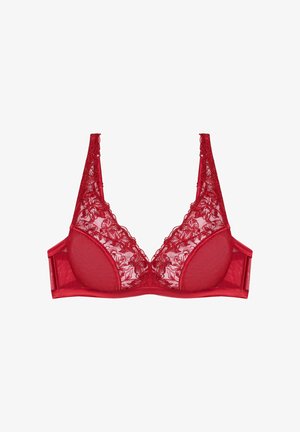 Reggiseno in pizzo rosso con motivi floreali, coppe triangolari, rete trasparente e dettagli in satin. Spalline regolabili e chiusura posteriore per una vestibilità perfetta.