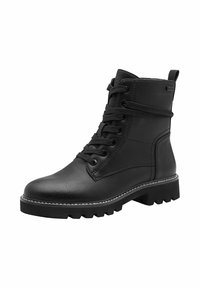 Bottines en cuir noir à bout rond, avec un design à lacets et une semelle robuste. Présente des accents cousus et une languette au dos.