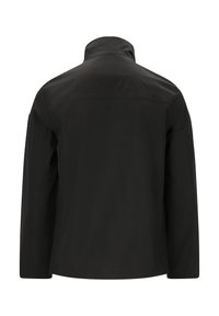 Svart jacka, tillverkad av slät tyg med hög krage och långa ärmar. Har en minimalistisk design utan framträdande detaljer eller accenter.