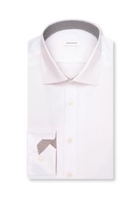 Chemise blanche à col structuré avec un motif à carreaux à l'intérieur. Elle présente une fermeture par boutons et un seul poignet avec un détail à carreaux assorti.