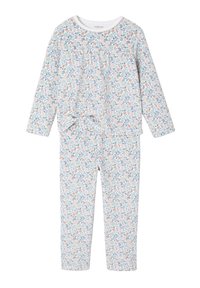 Floral pajama set featuring a light background with small pink, blue, and green flowers. Long-sleeve top with gathered detailing and matching pants.