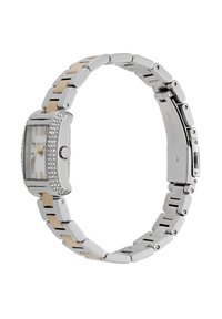 Silver-toned stainless steel watch with gold accents, rectangular case, white dial, Roman numerals, and crystal embellishments on the bezel.