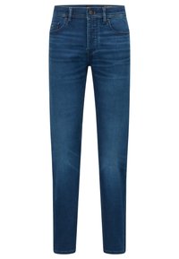 Mörkblå slim-fit jeans med fram- och bakfickor, knapp- och dragkedjestängning, samt diskret blekning på låren.