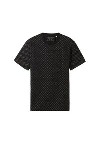 Black t-shirt with short sleeves, featuring a pattern of small white dots. Round neck design, made from soft cotton material.