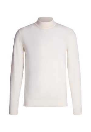 Crème-kleurige gebreide turtleneck trui met lange mouwen, geribbelde kraag en manchetten. Gladde textuur, minimalistisch ontwerp zonder zichtbare patronen of accenten.