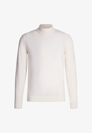 Maglione a collo alto di colore crema, lavorato a maglia, con maniche lunghe, colletto e polsini a costine. Texture liscia, design minimale senza motivi o dettagli visibili.