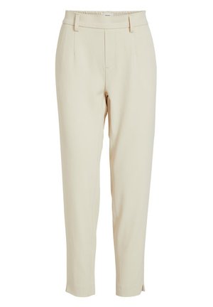 Beige skreddersydde bukser med elastisk midjebånd, sidelommer og smalere ben med omslag. Glatt, lett stoff.