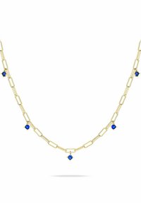 Goldene Kettenhalskette mit verlängerten Gliedern, die fünf gleichmäßig verteilte kleine blaue Edelstein-Anhänger entlang der Kette aufweist.
