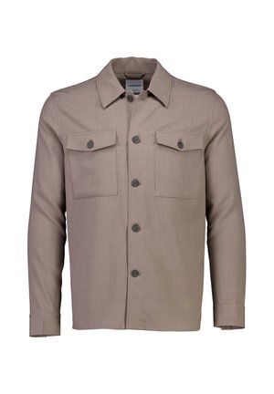 Braune Hemdjacke aus strukturiertem Stoff, mit zwei Brusttaschen und einem Kragen, kontrastierenden Knöpfen und langen Ärmeln.