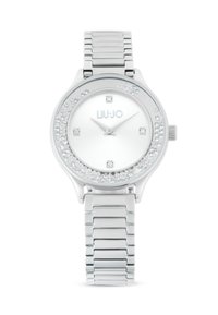 Sølv rustfrit stål ur med en krystalbesat bezel, hvid urskive og sølvfarvede time- og minutvisere. Har et kædet armbånd.