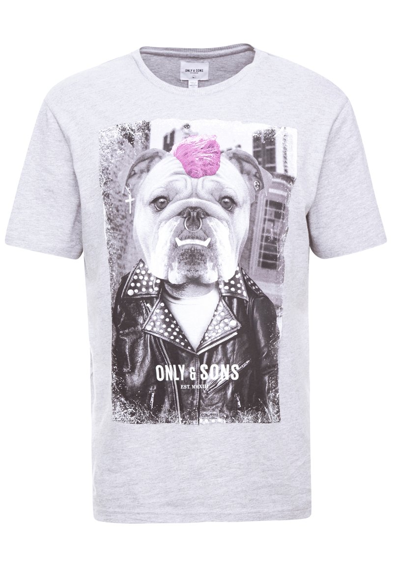 Gray short-sleeve t-shirt featuring a printed graphic of a bulldog in a leather jacket and pink mohawk. "ONLY & SONS" logo at the bottom.