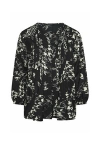 Blusa nera con un motivo astratto geometrico grigio e bianco, maniche lunghe con polsi arricciati, scollatura a V e design della parte anteriore plissettato.