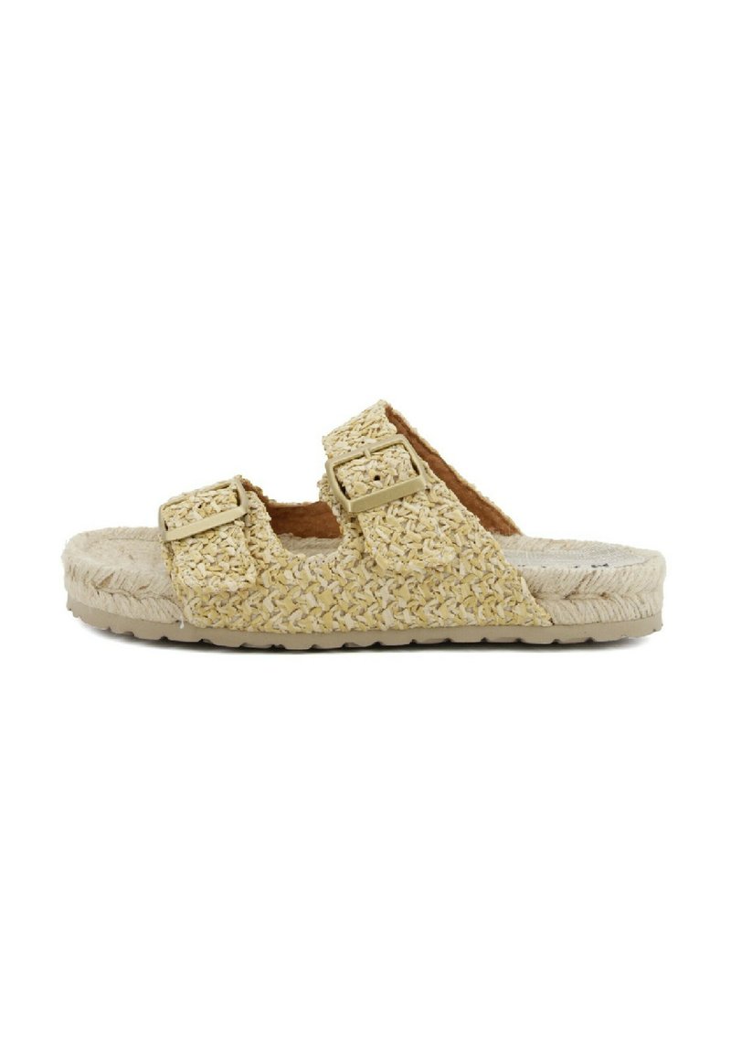 Infradito beige chiaro con tomaia in paglia intrecciata, due fibbie regolabili e una suola intermedia in iuta texturizzata. Suola piana in gomma.