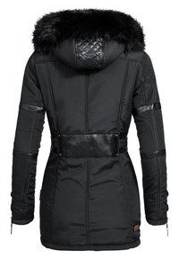 Black padded jacket featuring a faux fur hood, textured leather accents, quilted back, and zippered cuffs. Tailored fit with belted waist.