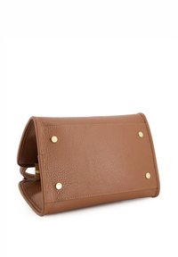 Brown leather clutch with a textured finish, featuring gold-tone hardware accents and a zip closure. Folded design with a structured shape.