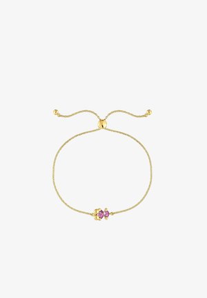 Pulsera trenzada de oro con regulador ajustable, que presenta tres acentos de piedra rosa en un diseño floral en el centro.