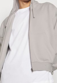 Personne portant un sweat à capuche gris clair zippé sur un t-shirt blanc uni, visible du cou à la taille.