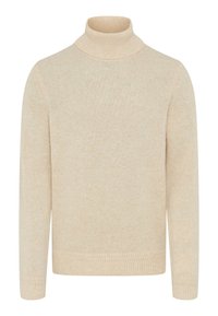 Maglione a collo alto beige realizzato in morbido tessuto lavorato a maglia. Presenta un collo alto, maniche lunghe e polsini e orlo a coste con una texture sottile.