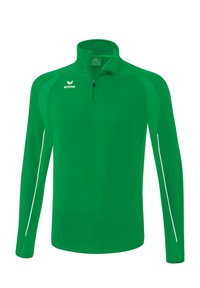 Pullover sportivo verde a maniche lunghe realizzato in tessuto strutturato. Presenta una mezza cerniera e dettagli a righe bianche sui lati. Logo sul petto.