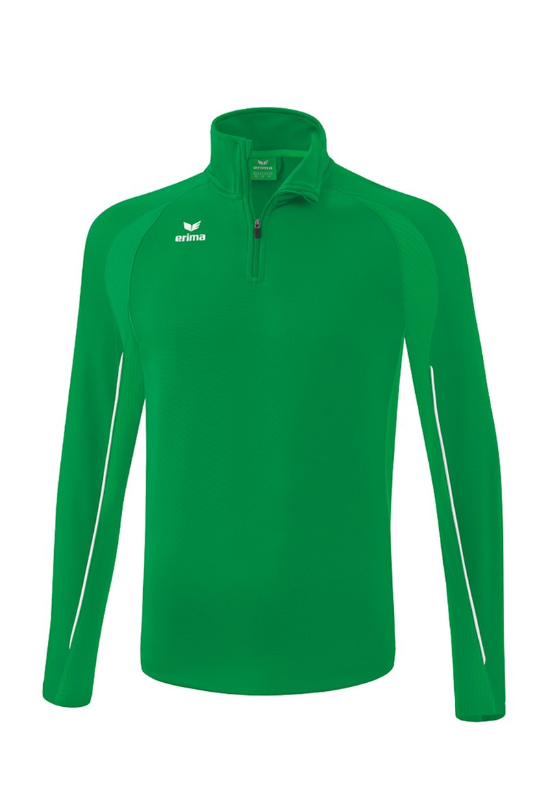 Pullover sportivo verde a maniche lunghe realizzato in tessuto strutturato. Presenta una mezza cerniera e dettagli a righe bianche sui lati. Logo sul petto.