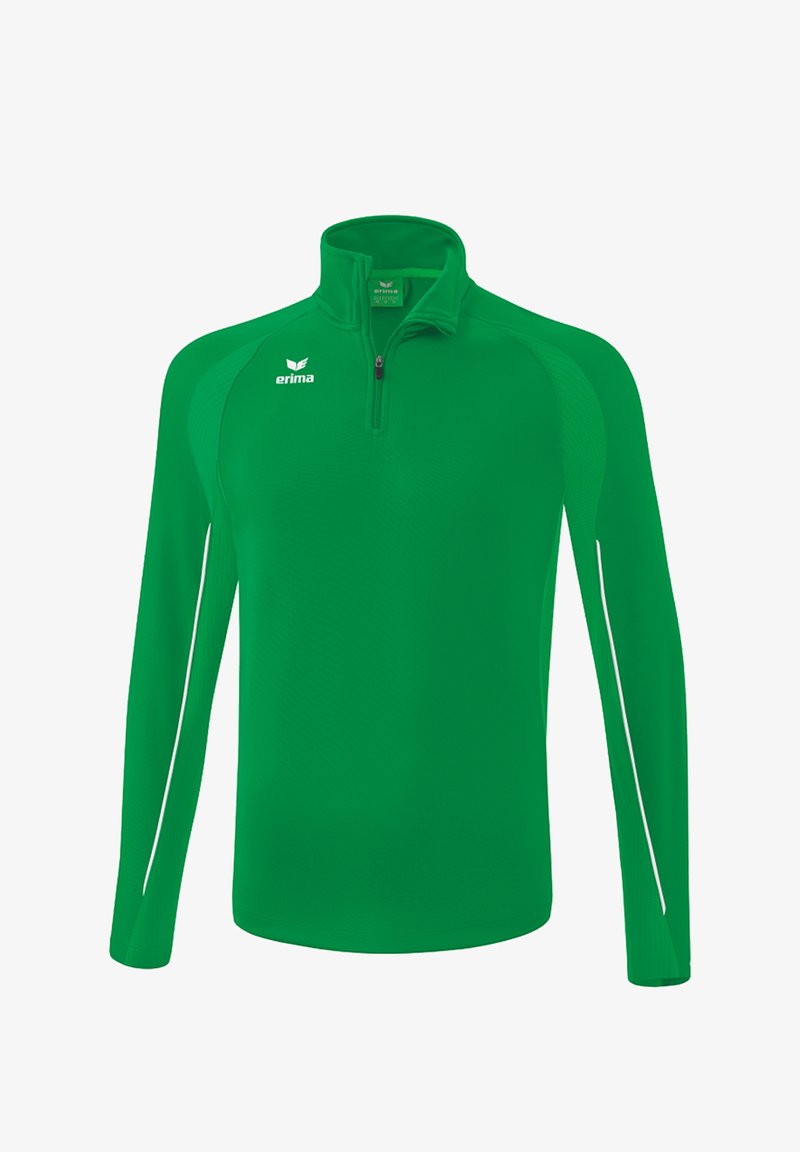 Pullover sportivo verde a maniche lunghe realizzato in tessuto strutturato. Presenta una mezza cerniera e dettagli a righe bianche sui lati. Logo sul petto.