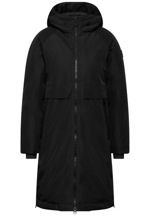 Cappotto lungo nero realizzato in tessuto leggero e resistente all'acqua, con colletto alto, chiusura con zip e due tasche laterali. Presenta un cappuccio e polsini elasticizzati.