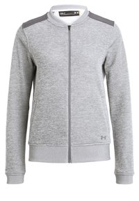 Felpa con zip grigia, con polsini e orlo a coste, caratterizzata da accenti sulle spalle di un grigio scuro e una texture liscia. Logo Under Armour nella parte inferiore.