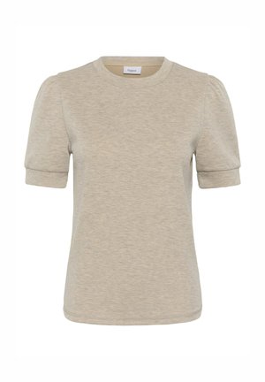 Gai beidzengs īsām piedurknēm T-krekls ar apaļu izgriezumu un pūkainām piedurknēm, ar gludu tekstūru un smalku šuvju apmalē.