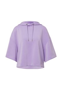 Liliowy, oversize hoodie z krótkimi rękawami, z kapturem na sznurku i logo z przodu. Gładka tkanina, luźny krój i zaokrąglony dół.