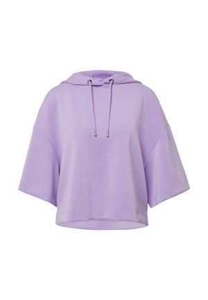 Lilac oversized hoodie with short sleeves, drawstring hood, and front logo. Smooth fabric with a relaxed fit and a rounded hem.