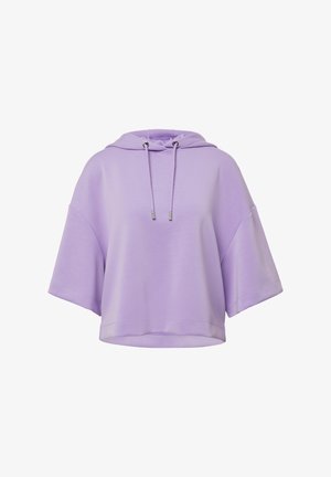 Lilac oversized hoodie with short sleeves, drawstring hood, and front logo. Smooth fabric with a relaxed fit and a rounded hem.