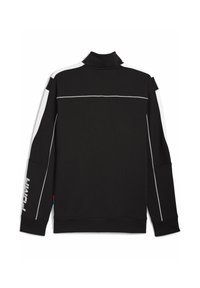 Sort atletisk kvart-zip jakke med hvide accenter og branding langs ærmet, vist fra bagsiden mod en hvid baggrund.