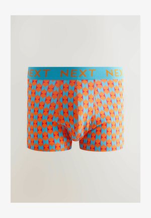 Men's boxer briefs with an orange and blue geometric pattern, featuring a light blue elastic waistband with "NEXT" printed in orange.