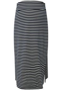 Gestreepte rok met marineblauwe en witte horizontale strepen, zachte stof, middellange snit, met een zijsplit, ontworpen voor comfort.