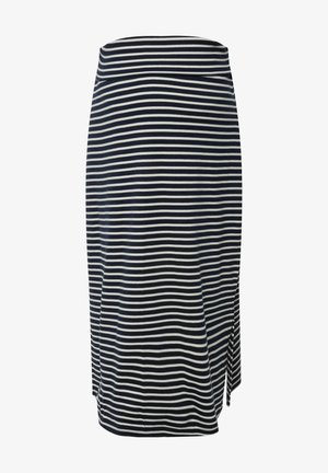 Raidallinen hame, jossa on tummansinisiä ja valkoisia vaakaraitoja, pehmeää kangasta, puolipitkä malli, sivureikä, suunniteltu mukavuutta silmällä pitäen.