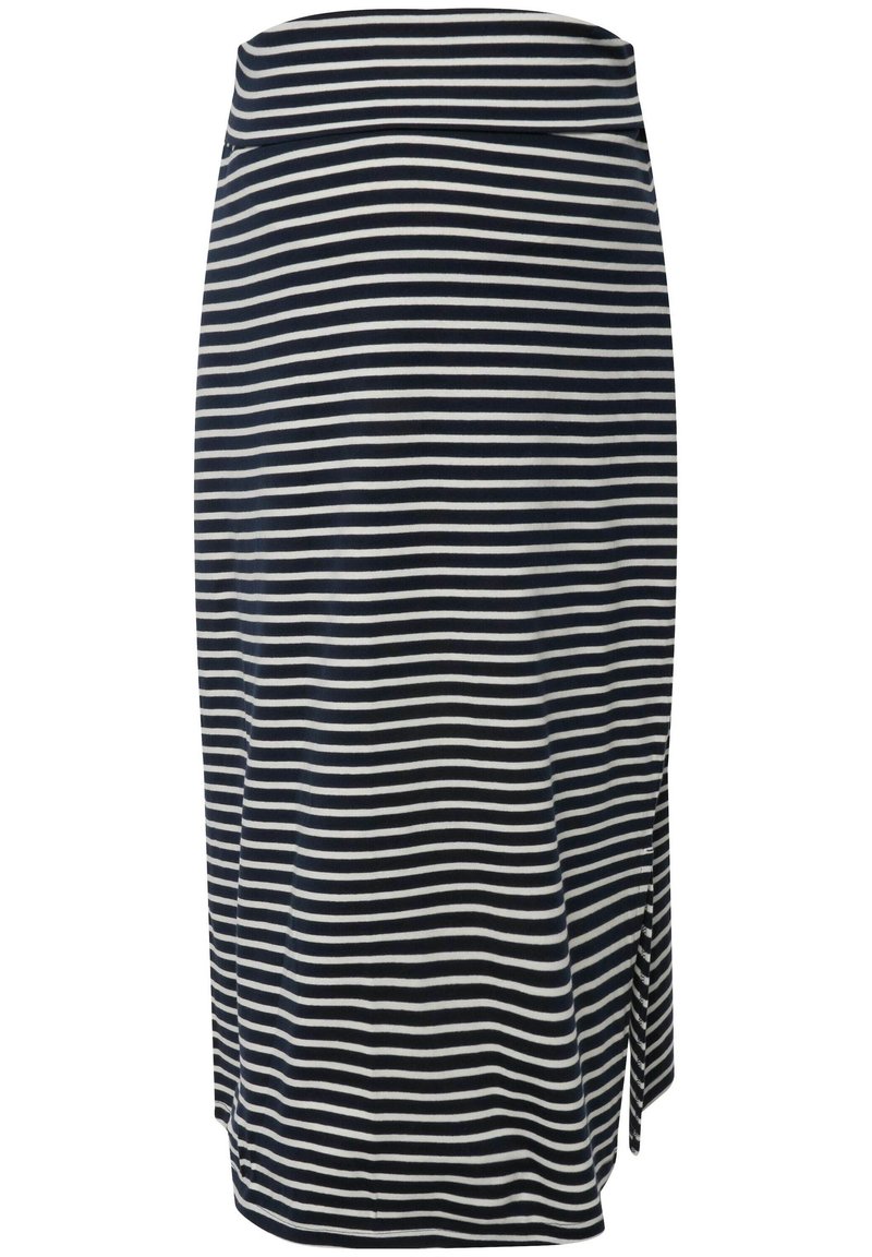 Gestreepte rok met marineblauwe en witte horizontale strepen, zachte stof, middellange snit, met een zijsplit, ontworpen voor comfort.