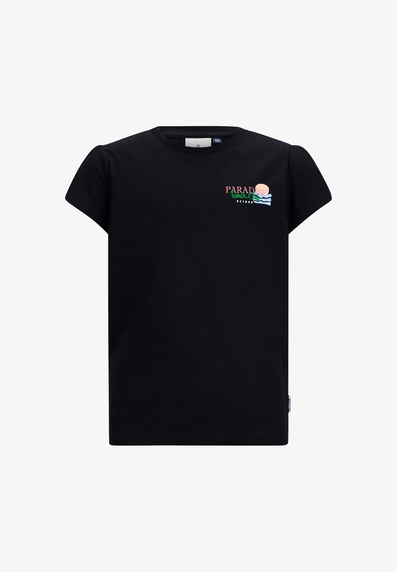 Czarna koszulka z krótkim rękawem wykonana z bawełny, z kolorową grafiką "PARADISE Beach Club" z motywami zachodu słońca i fal na froncie.