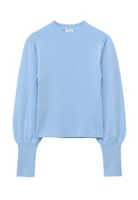 Pull en maille bleu clair avec manches longues bouffantes et larges poignets côtelés, avec encolure ronde et ourlet côtelé.