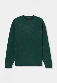 Zelený svetr vyrobený z texturované pleteniny, s kulatým výstřihem a dlouhými rukávy. Jemné flíčky dodávají vizuální zajímavost.