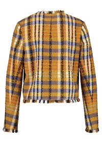 Chaqueta de cuadros con dobladillo deshilachado, en colores amarillo, morado y negro. Confeccionada en tejido texturizado, con mangas largas y escote redondo.